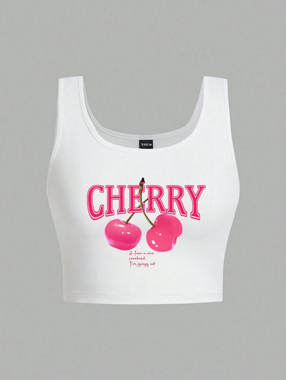 Attitoon 3pcs Women's Black, White & Pink Cherry Bow Graphic Cropped Tight Fit Casual Tank Tops, Suitable For Summer