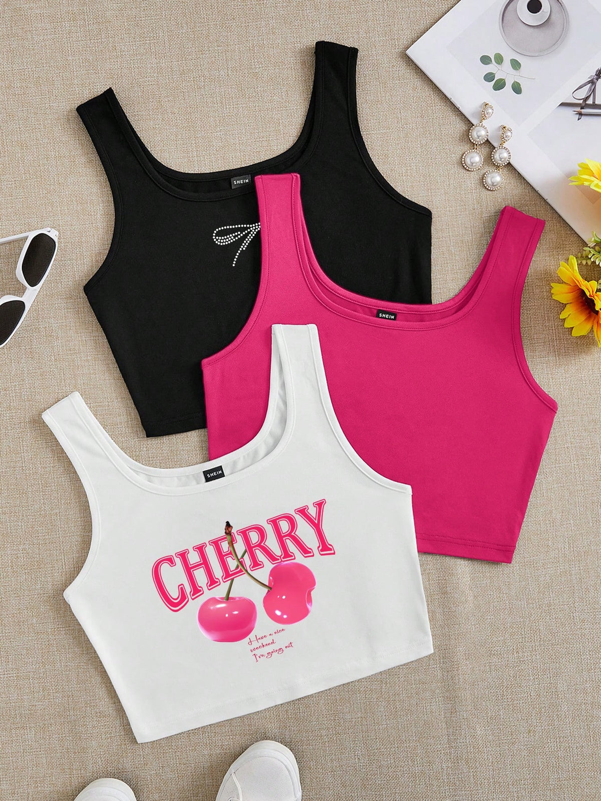 Attitoon 3pcs Women's Black, White & Pink Cherry Bow Graphic Cropped Tight Fit Casual Tank Tops, Suitable For Summer