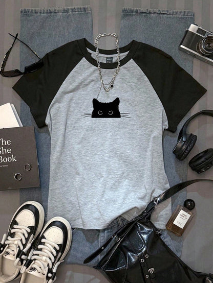 Attitoon Casual Minimalist Cat Graphic Round Neck Short Sleeve Fitted Women T-Shirt, Suitable For Summer School Grey
