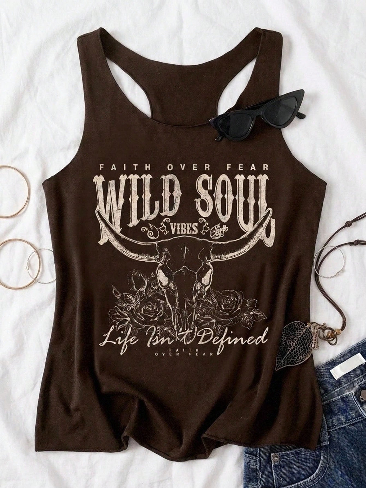 Attitoon Women's Casual Western Cattle Head Pattern Fitted Slim Tank Top, Summer Back To School