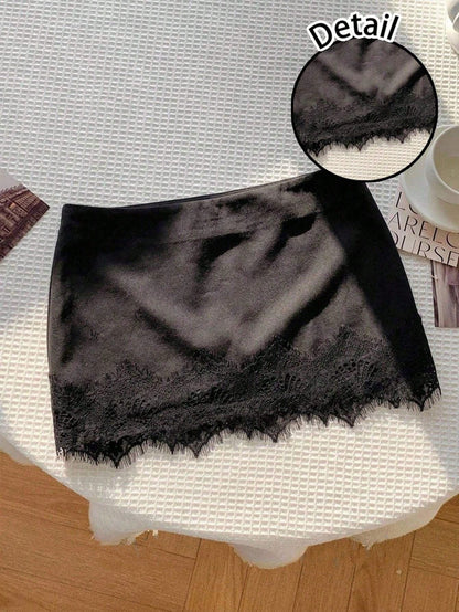 Attitoon Women's Elegant Black Summer Lace Patchwork Mini Skirt,Low-Waist Y2K Lace Skirt For Date Night,Party,Beach,Vacation,Prom,Wedding,Festival,Graduation