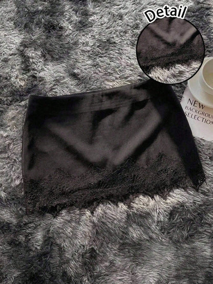 Attitoon Women's Elegant Black Summer Lace Patchwork Mini Skirt,Low-Waist Y2K Lace Skirt For Date Night,Party,Beach,Vacation,Prom,Wedding,Festival,Graduation
