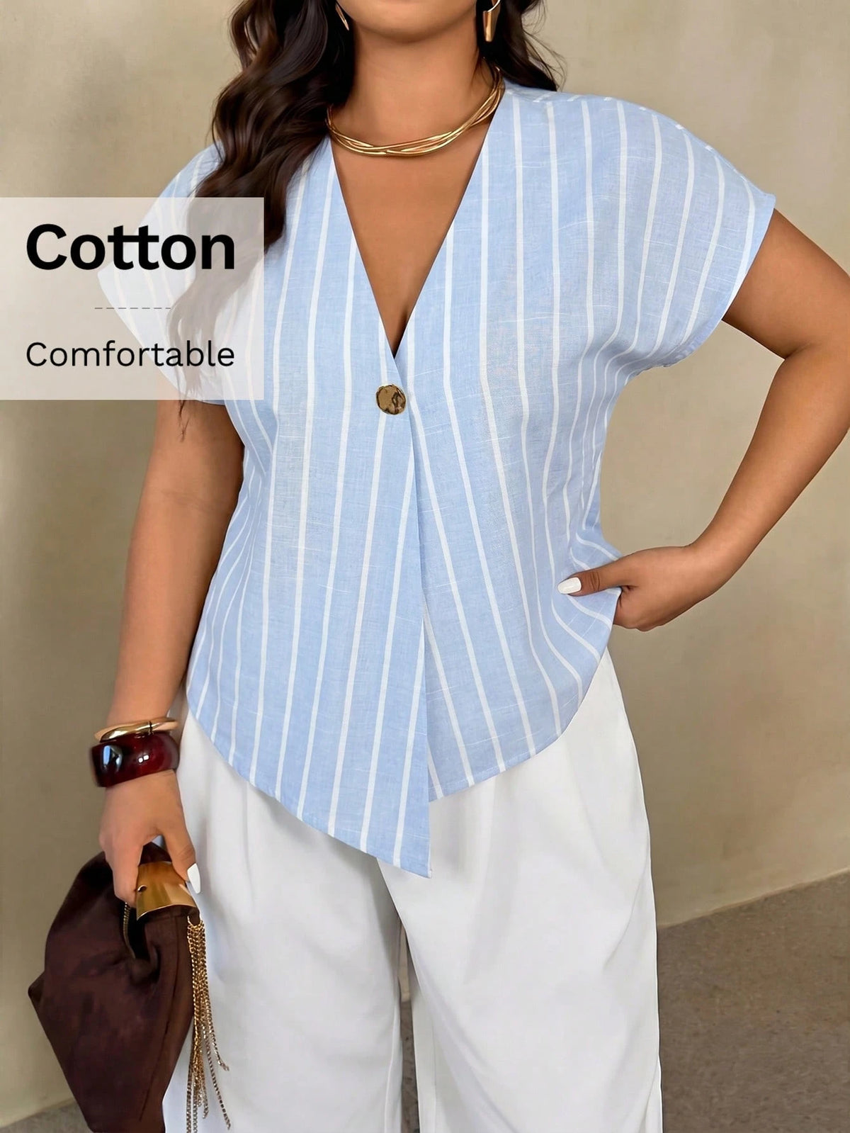 Auralis Summer Light Blue Striped V-Neck Blouse For Women,Smart Casual Everyday Shirt,Metal Button Drop Shoulder Short Sleeve Plus Size Elegant Top