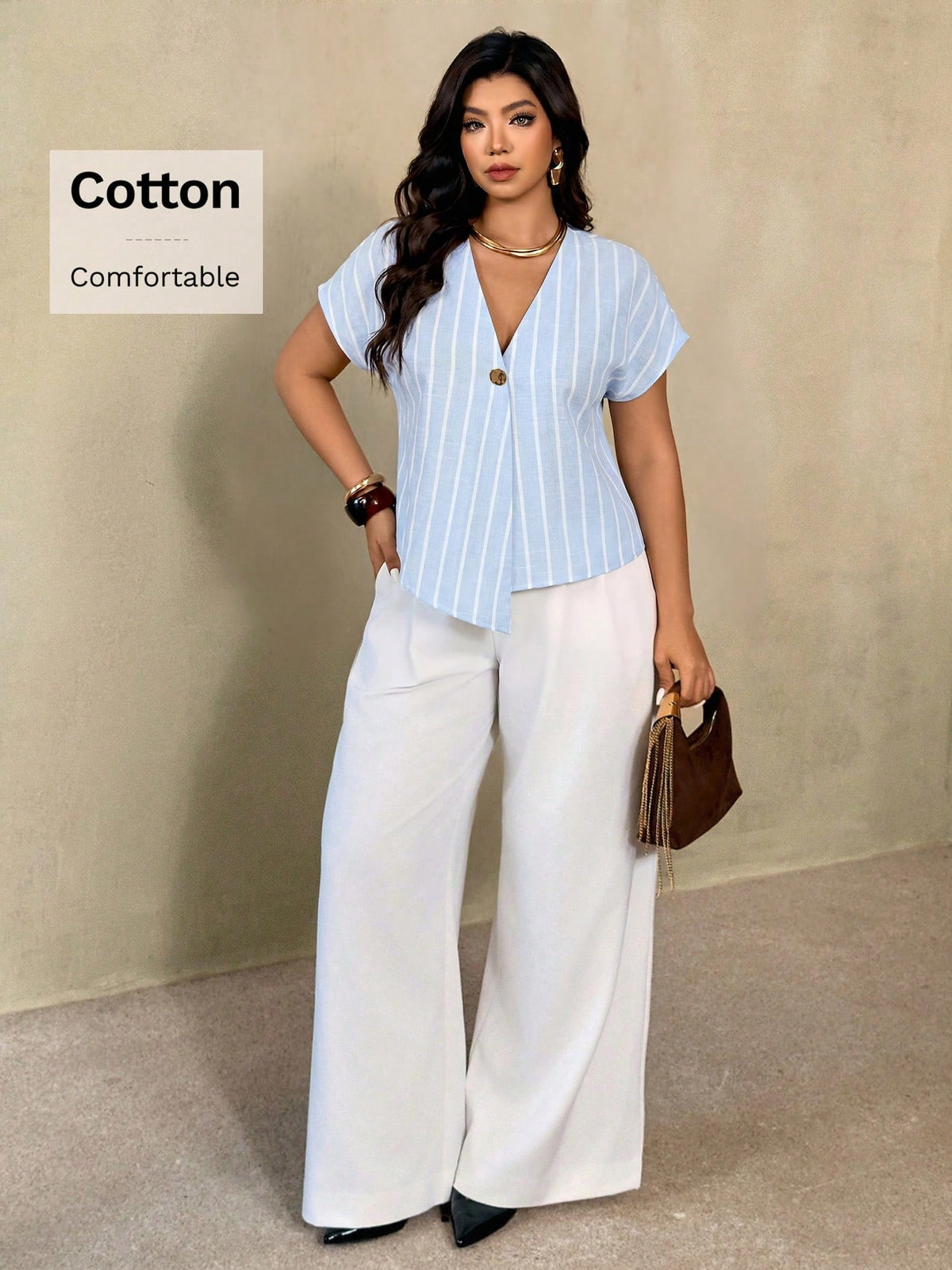Auralis Summer Light Blue Striped V-Neck Blouse For Women,Smart Casual Everyday Shirt,Metal Button Drop Shoulder Short Sleeve Plus Size Elegant Top
