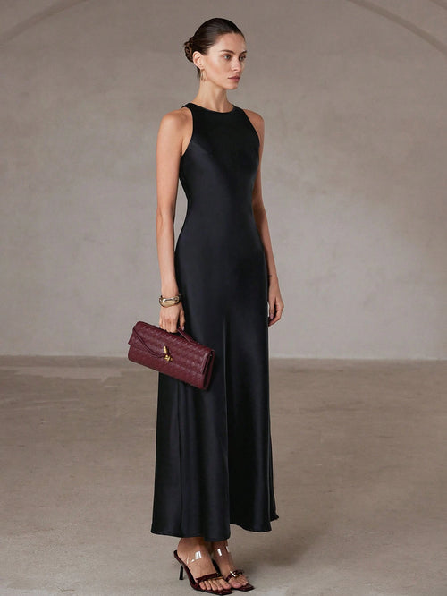 Aveloria Modichic Minimalist Chic Asymmetric Bias-Cut Double-Sided Satin-Like Fabric A-Line Sleeveless Long Dress For Women, Flattering And Versatile