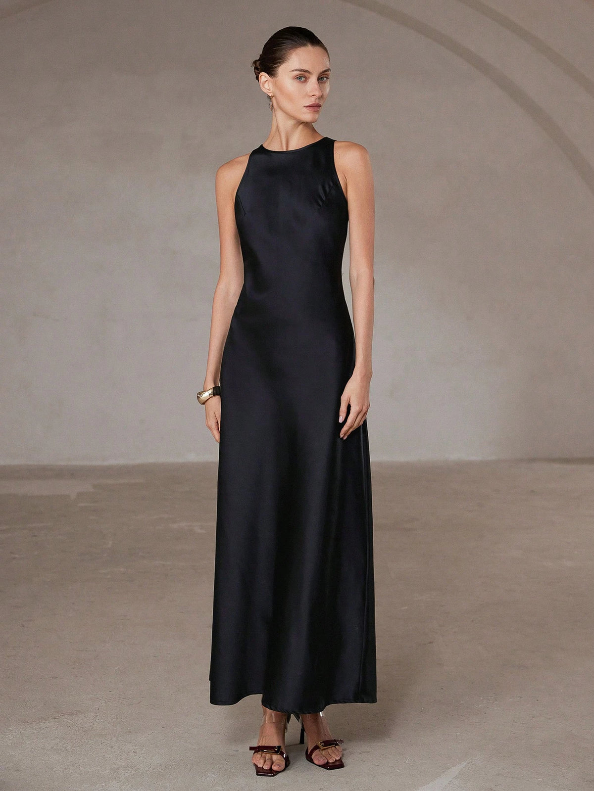 Aveloria Modichic Minimalist Chic Asymmetric Bias-Cut Double-Sided Satin-Like Fabric A-Line Sleeveless Long Dress For Women, Flattering And Versatile
