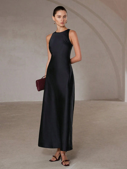 Aveloria Modichic Minimalist Chic Asymmetric Bias-Cut Double-Sided Satin-Like Fabric A-Line Sleeveless Long Dress For Women, Flattering And Versatile