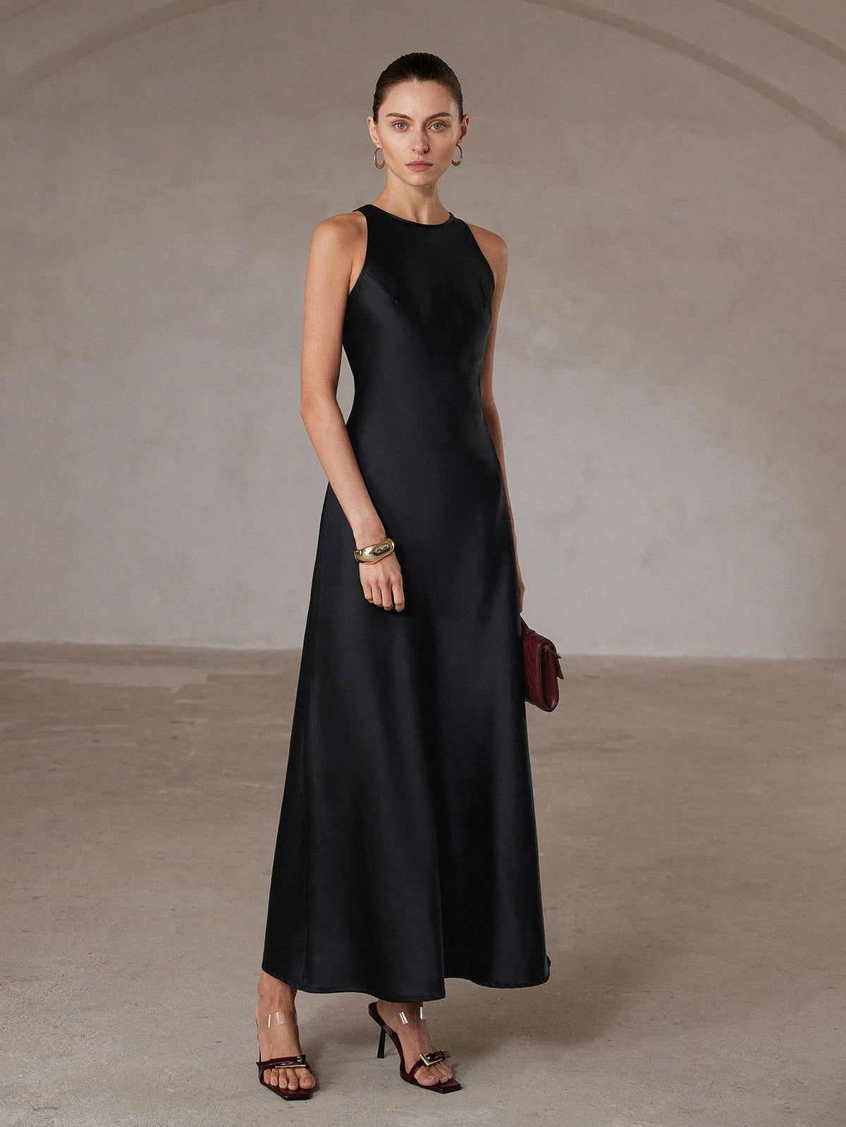 Aveloria Modichic Minimalist Chic Asymmetric Bias-Cut Double-Sided Satin-Like Fabric A-Line Sleeveless Long Dress For Women, Flattering And Versatile