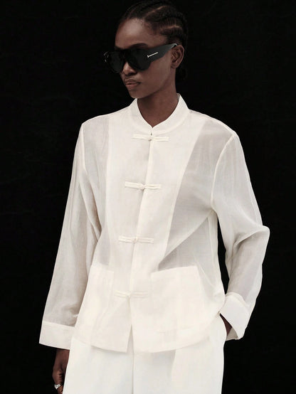 Aveloria Modichic Women's Satin Knot Button Shirt, Round Neck Long Sleeve With Cuffs, Chest Pocket, Straight Hem Top