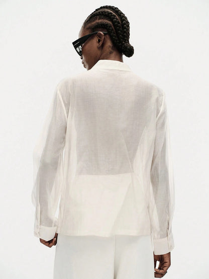 Aveloria Modichic Women's Satin Knot Button Shirt, Round Neck Long Sleeve With Cuffs, Chest Pocket, Straight Hem Top
