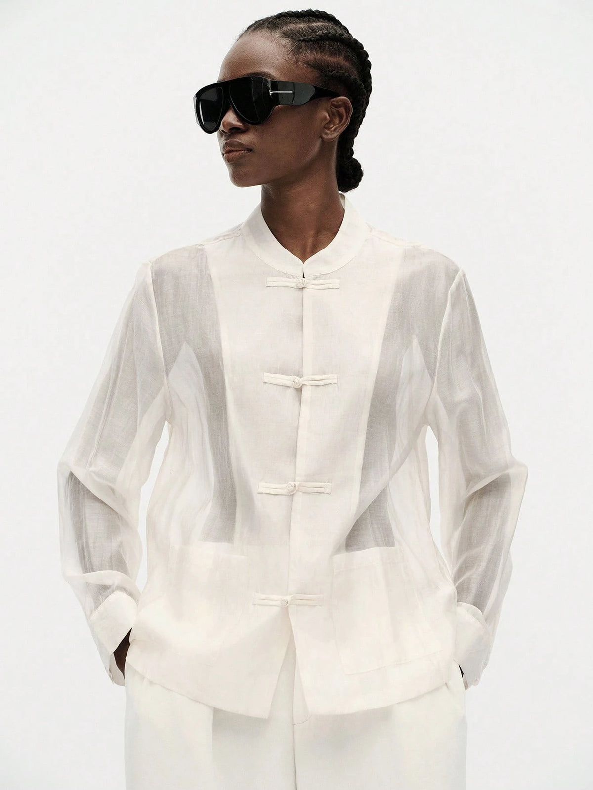 Aveloria Modichic Women's Satin Knot Button Shirt, Round Neck Long Sleeve With Cuffs, Chest Pocket, Straight Hem Top