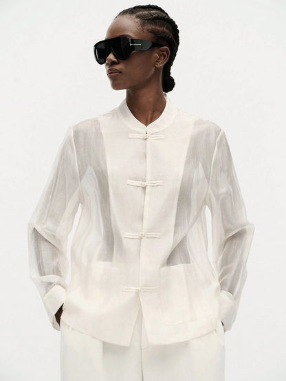 Aveloria Modichic Women's Satin Knot Button Shirt, Round Neck Long Sleeve With Cuffs, Chest Pocket, Straight Hem Top