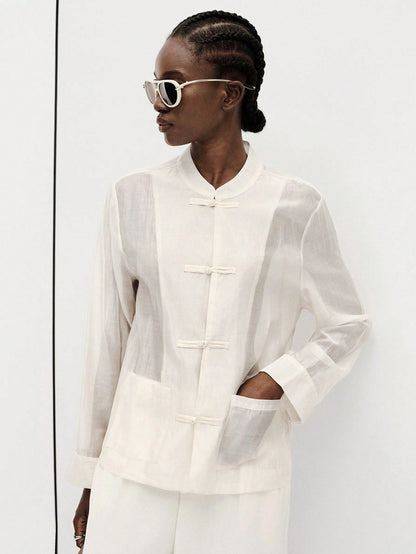 Aveloria Modichic Women's Satin Knot Button Shirt, Round Neck Long Sleeve With Cuffs, Chest Pocket, Straight Hem Top