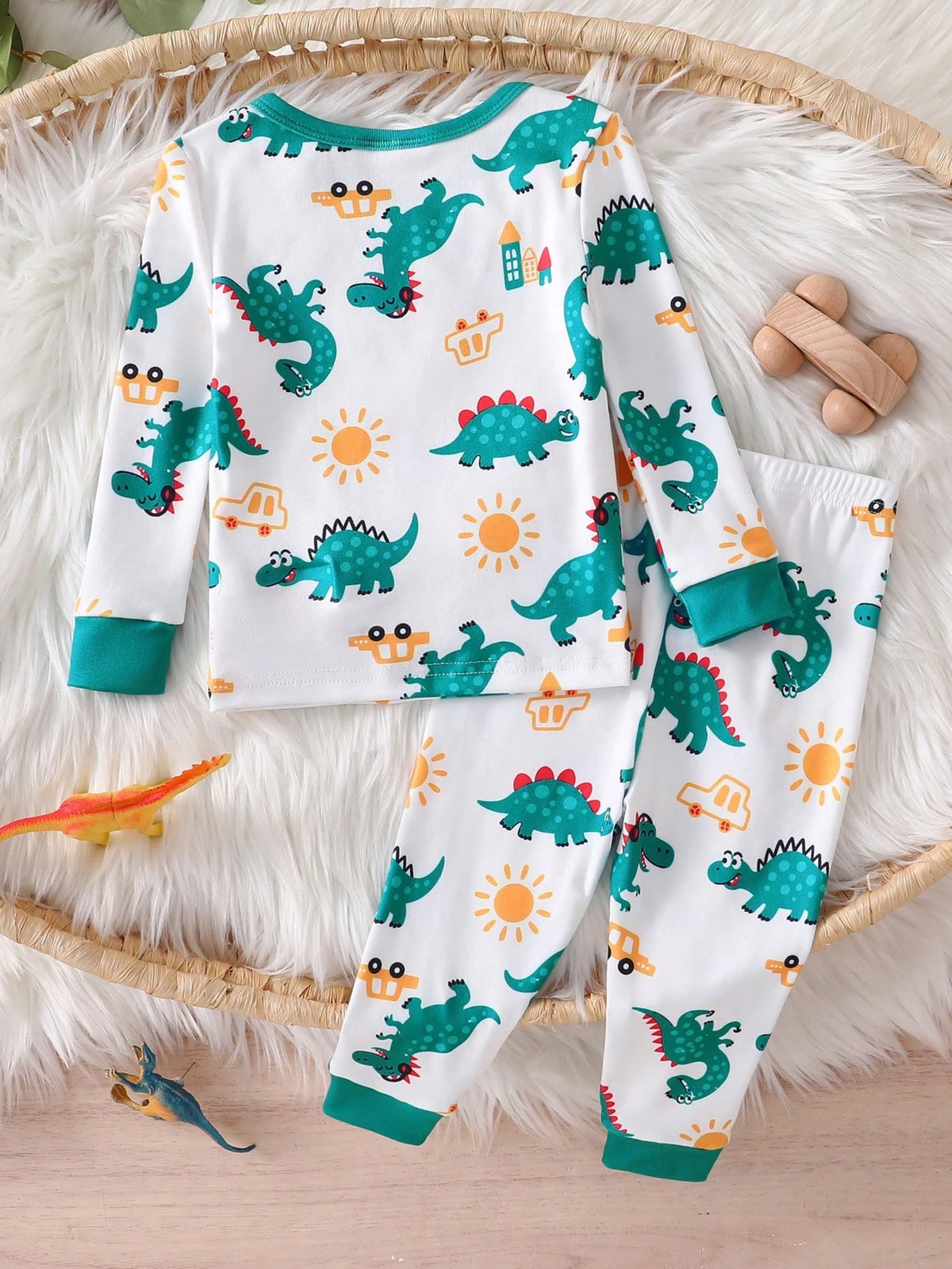 Baby Boy Comfortable Soft High Elasticity Ribbed Fabric Beige Cute Dinosaur All-Over Print Pattern Crew Neck Top And Matching Pattern Long Pants Tight Fit Pajama Set