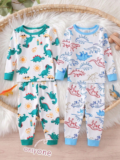 Baby Boy Comfortable Soft High Elasticity Ribbed Fabric Beige Cute Dinosaur All-Over Print Pattern Crew Neck Top And Matching Pattern Long Pants Tight Fit Pajama Set