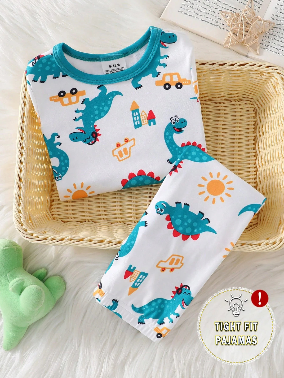 Baby Boy Comfortable Soft High Elasticity Ribbed Fabric Beige Cute Dinosaur All-Over Print Pattern Crew Neck Top And Matching Pattern Long Pants Tight Fit Pajama Set
