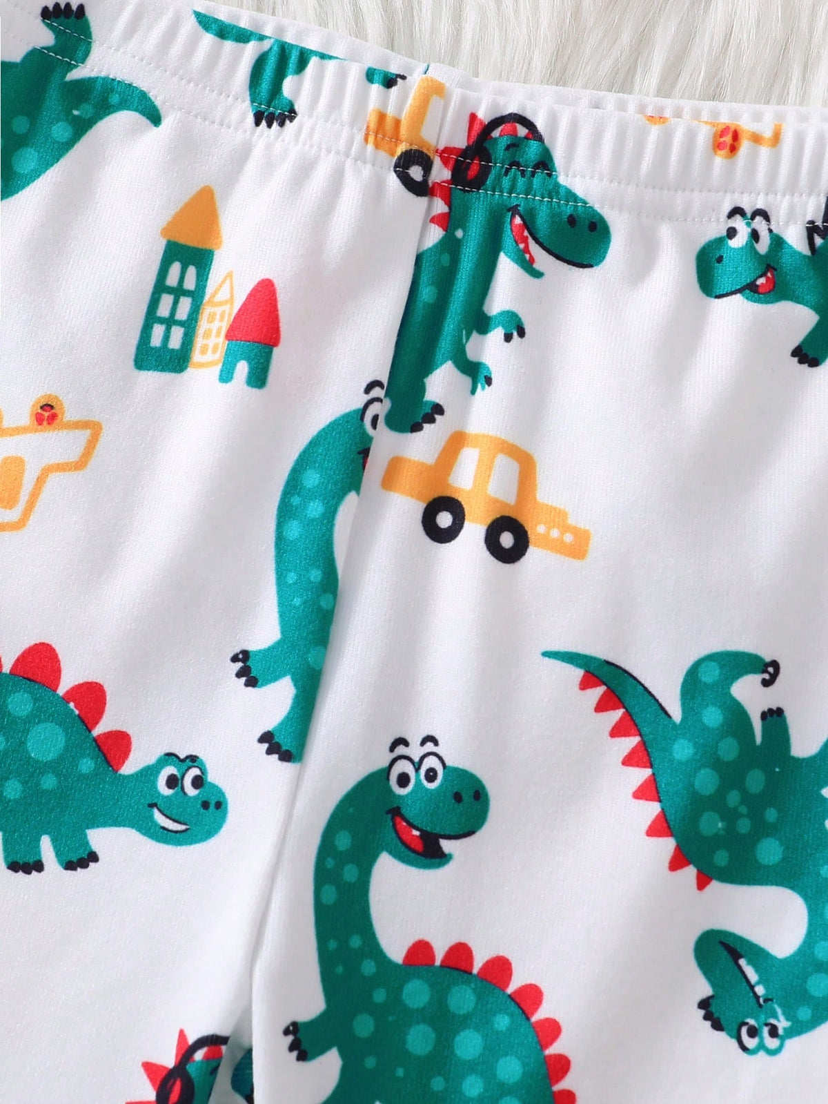 Baby Boy Comfortable Soft High Elasticity Ribbed Fabric Beige Cute Dinosaur All-Over Print Pattern Crew Neck Top And Matching Pattern Long Pants Tight Fit Pajama Set