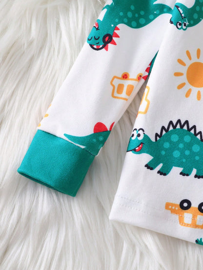 Baby Boy Comfortable Soft High Elasticity Ribbed Fabric Beige Cute Dinosaur All-Over Print Pattern Crew Neck Top And Matching Pattern Long Pants Tight Fit Pajama Set