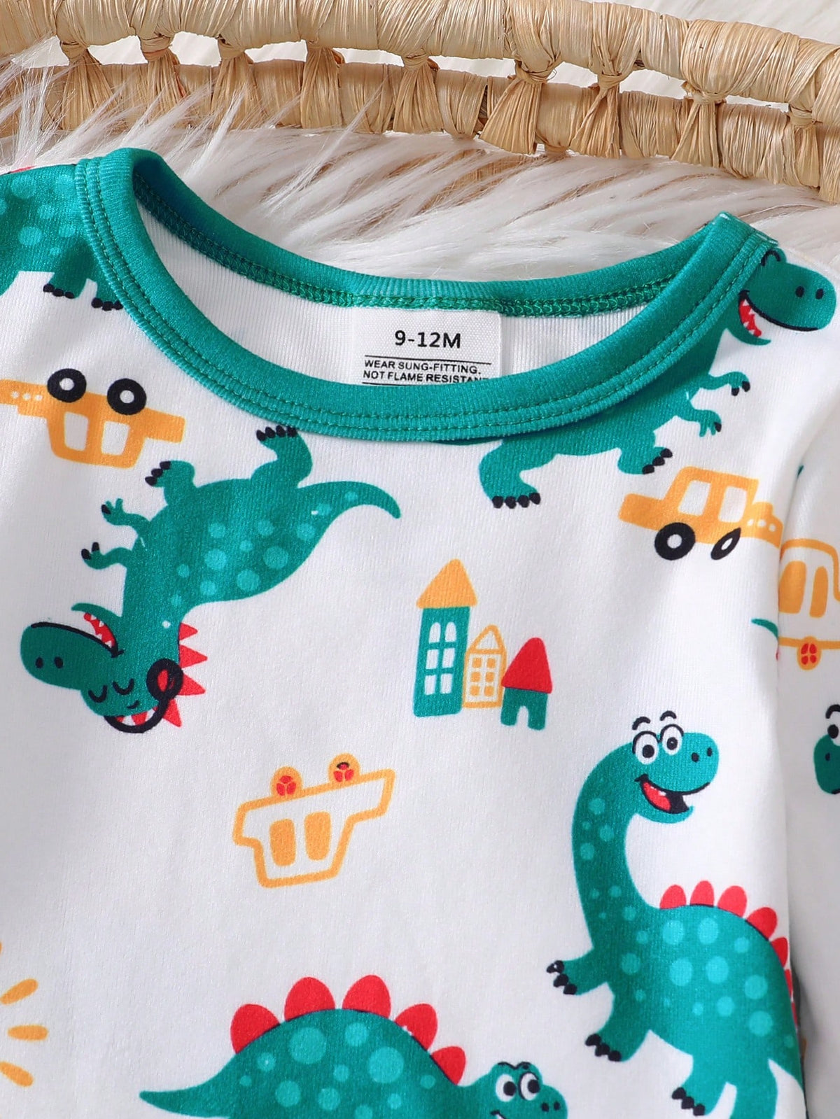 Baby Boy Comfortable Soft High Elasticity Ribbed Fabric Beige Cute Dinosaur All-Over Print Pattern Crew Neck Top And Matching Pattern Long Pants Tight Fit Pajama Set