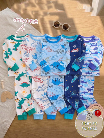 Baby Boy Comfortable Soft High Elasticity Ribbed Fabric Beige Cute Dinosaur All-Over Print Pattern Crew Neck Top And Matching Pattern Long Pants Tight Fit Pajama Set