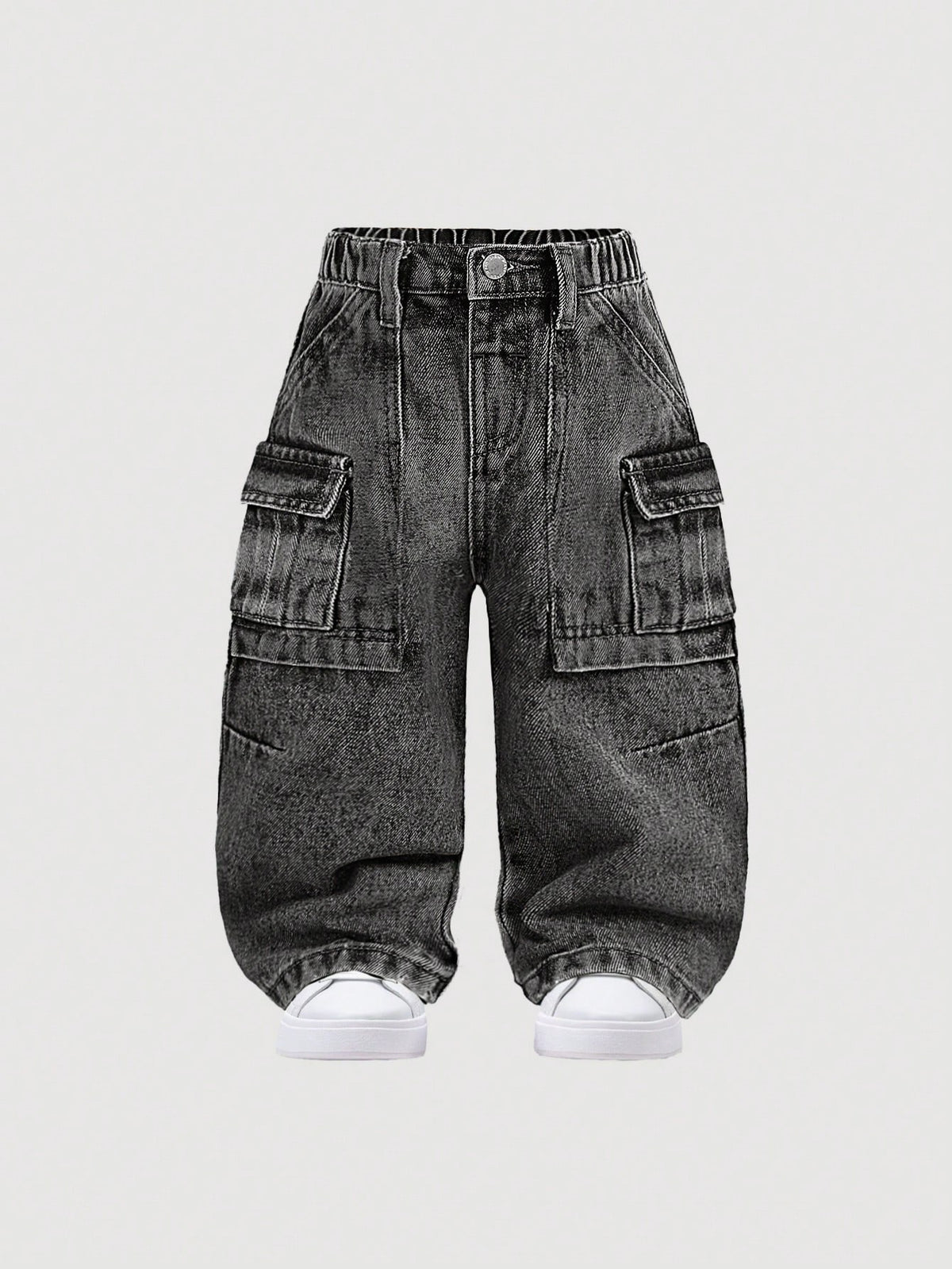 Baby Boys' Stonewashed Retro Cargo Pocket Loose Fit Blue Denim Jeans,Summer Back-To-School Street Life Casual Graphic Street Fashion