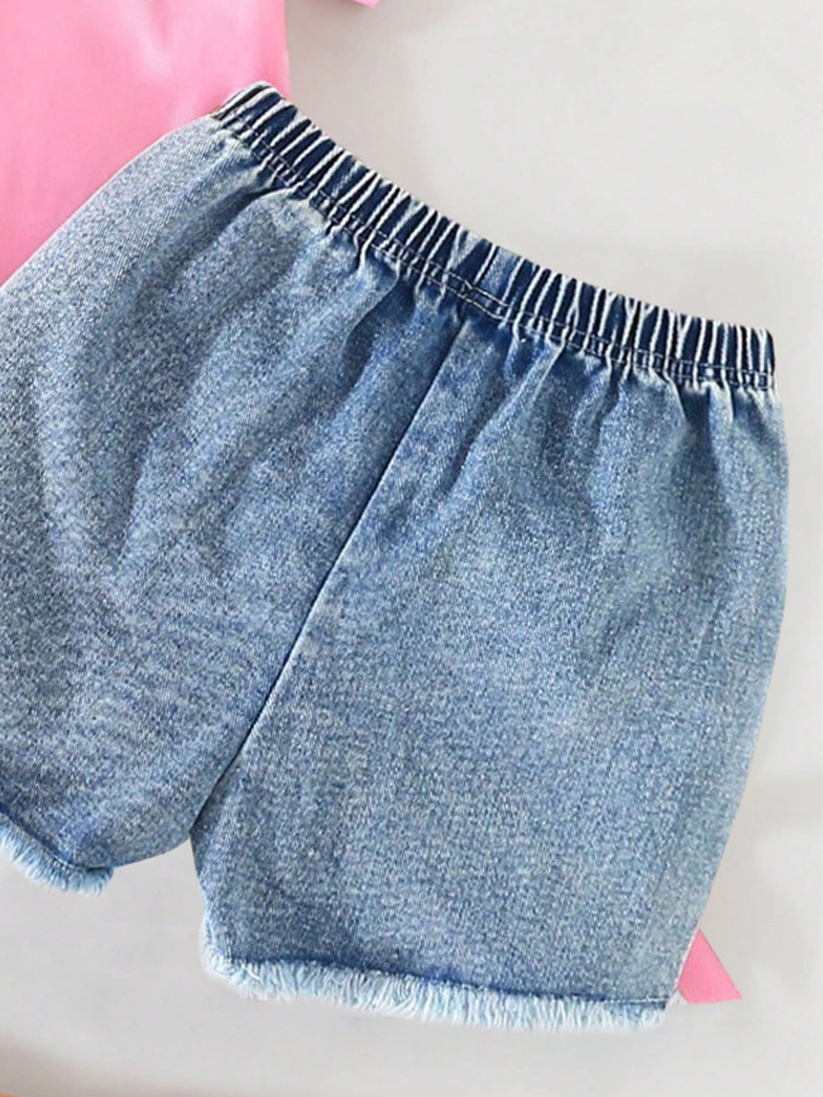 Baby Girl Cartoon Print Short Sleeve Top And Solid Color Denim Shorts