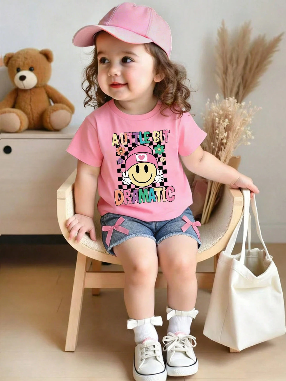 Baby Girl Cartoon Print Short Sleeve Top And Solid Color Denim Shorts