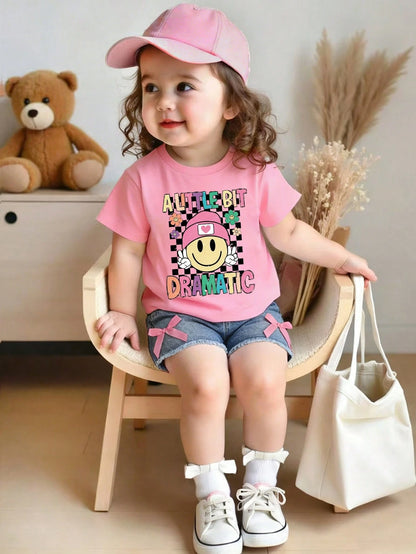 Baby Girl Cartoon Print Short Sleeve Top And Solid Color Denim Shorts