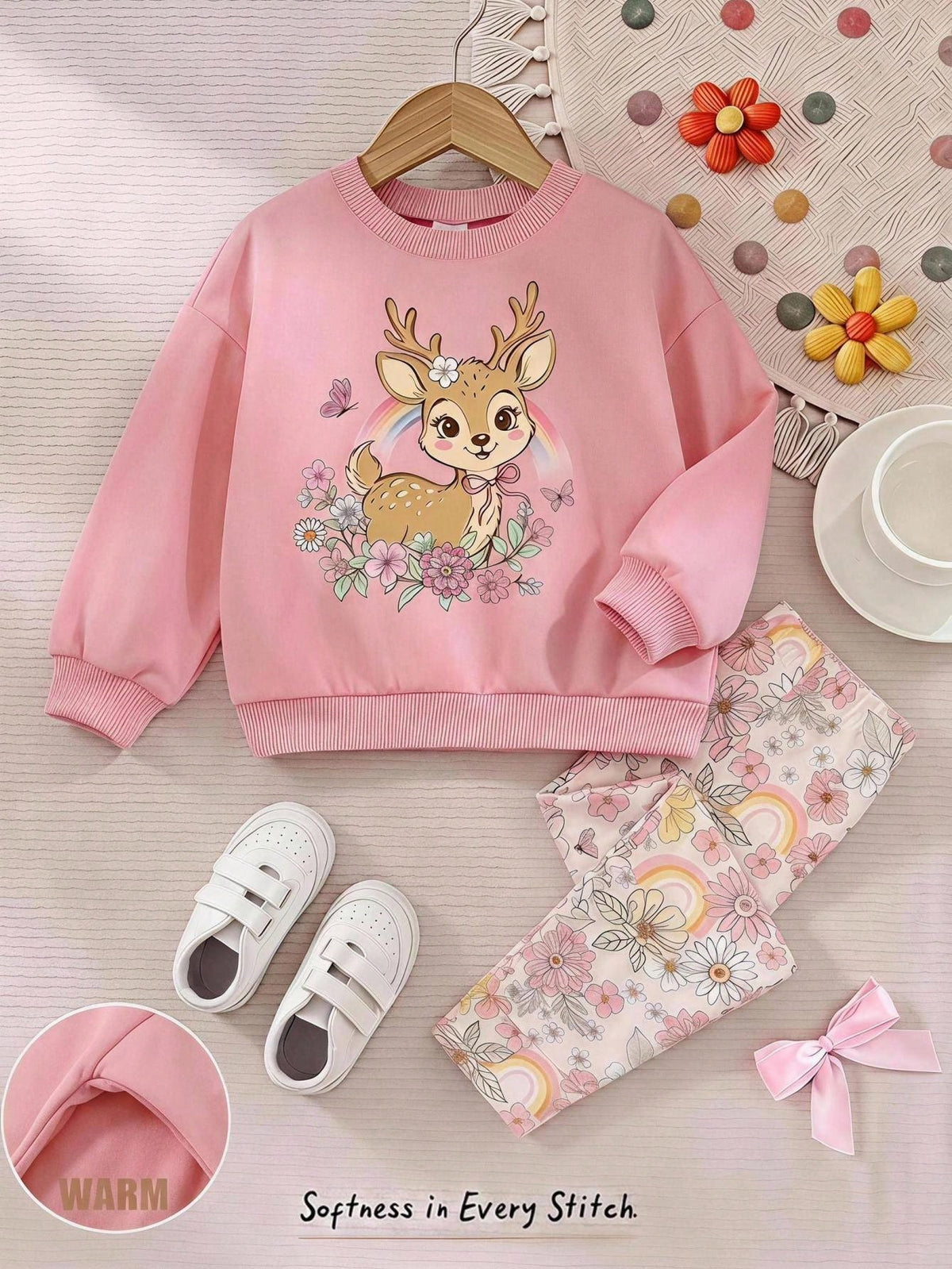 Baby Girl Casual Minimalist Loose Crew Neck Sweatshirt & Elastic Waist Long Pants Set, Suitable For Autumn/Winter