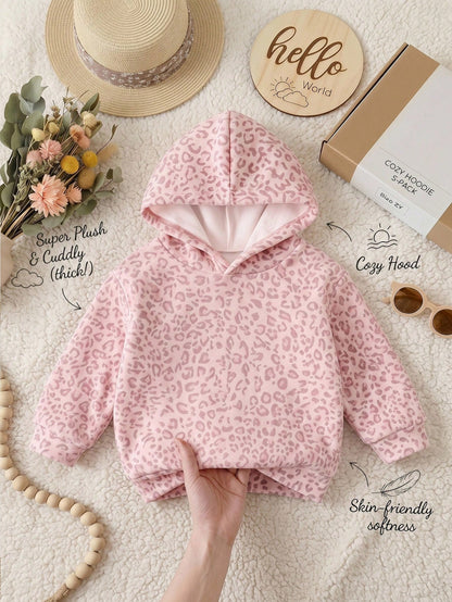 Baby Girl Casual Minimalist Vintage College Pink Leopard Print Loose Round Neck Soft Comfortable Thick Long Sleeve Sweatshirt, Suitable For Autumn & Winter, Autumn & Winter Sweatshirt For Girls, Styli