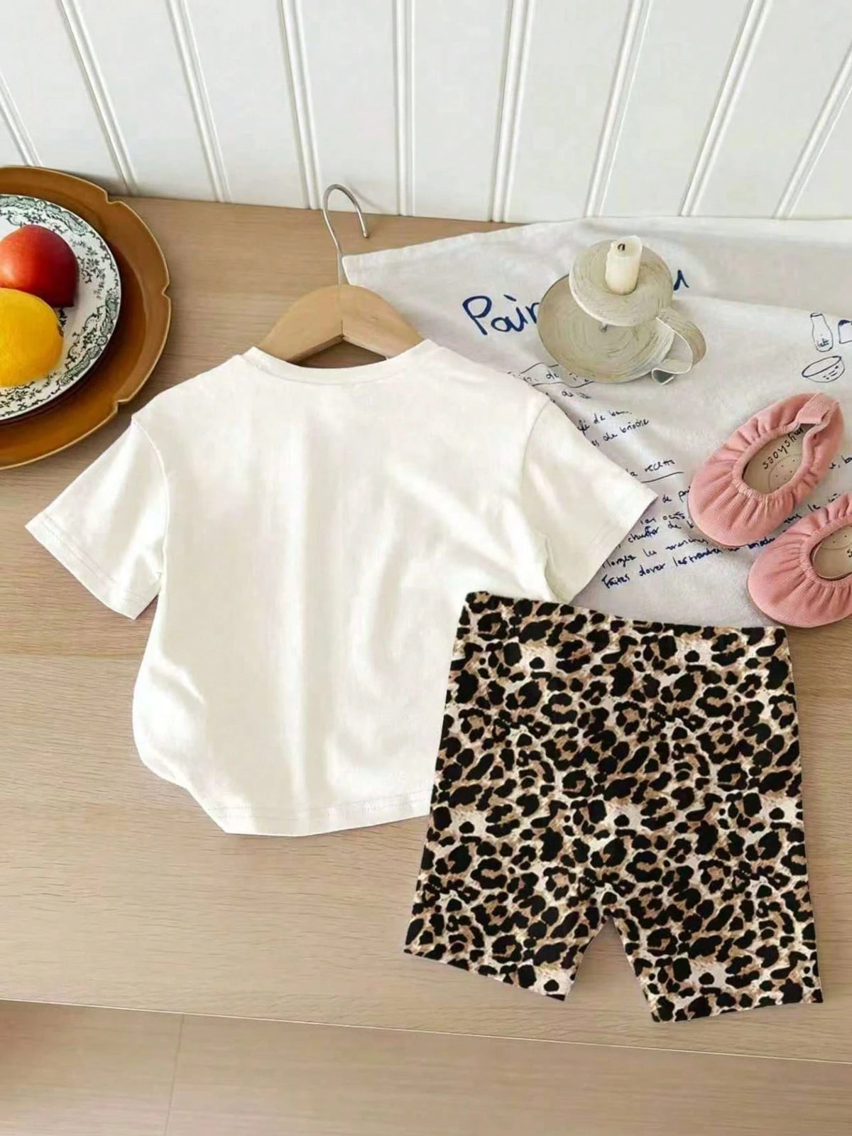 Baby Girl Cherry Print Short Sleeve T-Shirt And Leopard Print Shorts Set