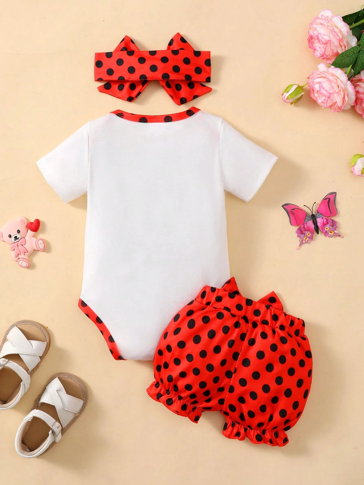 Baby Girl Ladybug Printed Short Sleeve Bodysuit And Shorts Set, Red Black Polka Dots Cartoon Princess Outfits