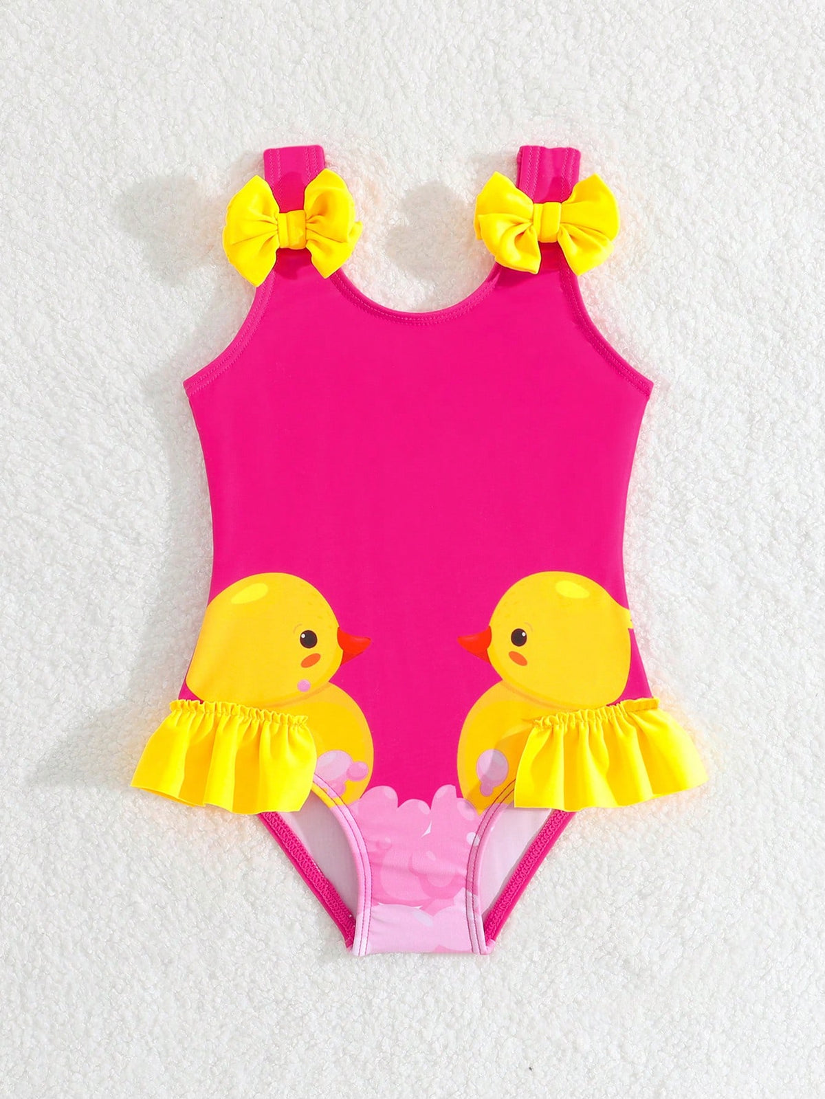 Baby Girl Little Yellow Duck Print Bow Decor One-Piece Swimsuit