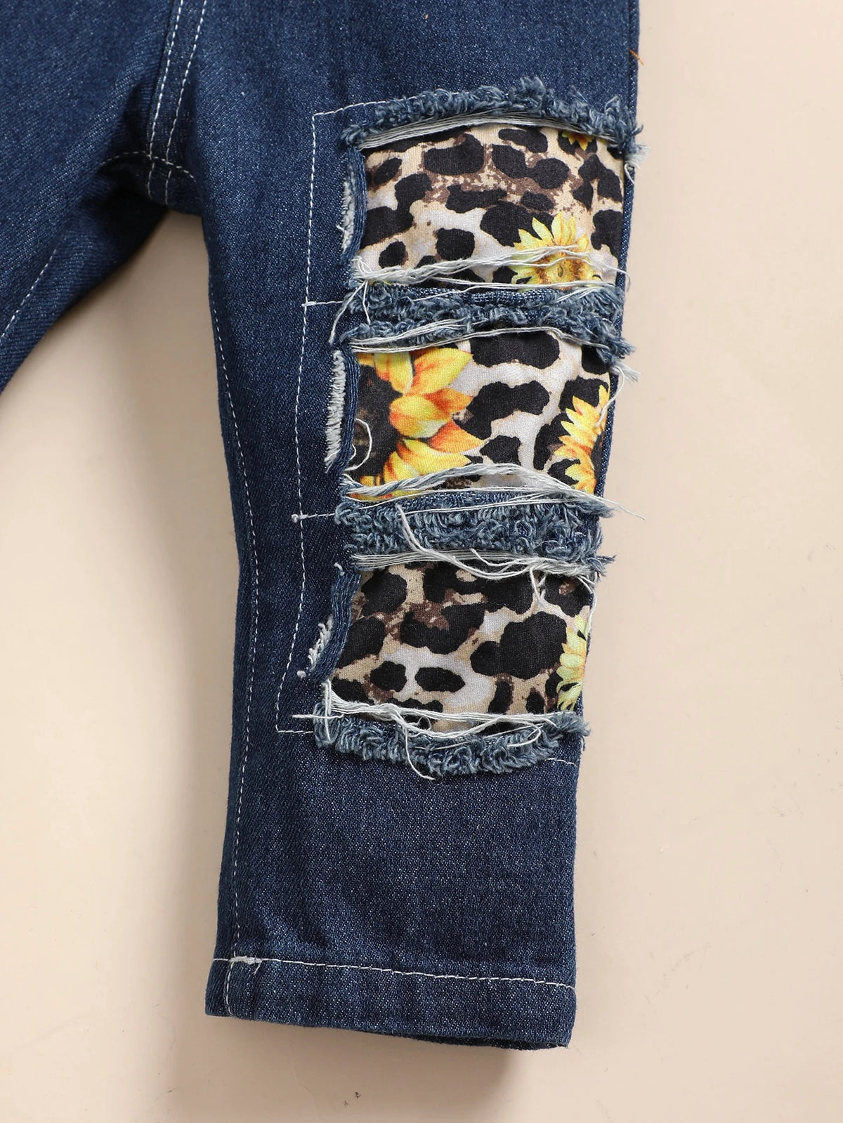 Baby Girl Sunflower Print Flounce Sleeve Tee & Patched Jeans & Headband