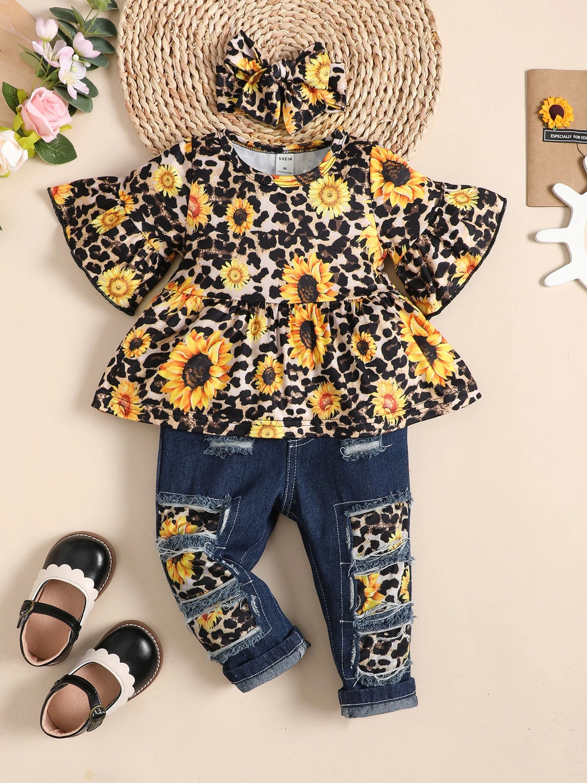 Baby Girl Sunflower Print Flounce Sleeve Tee & Patched Jeans & Headband