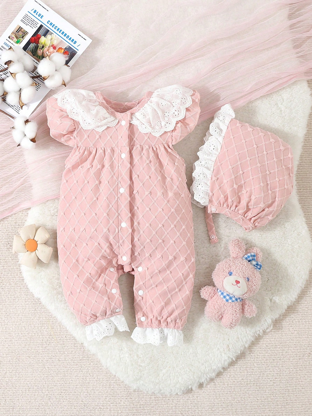 Baby Girls' Pink Simple Style Short Sleeve Long Jumpsuit With White Lace Edge For Home-Wear
