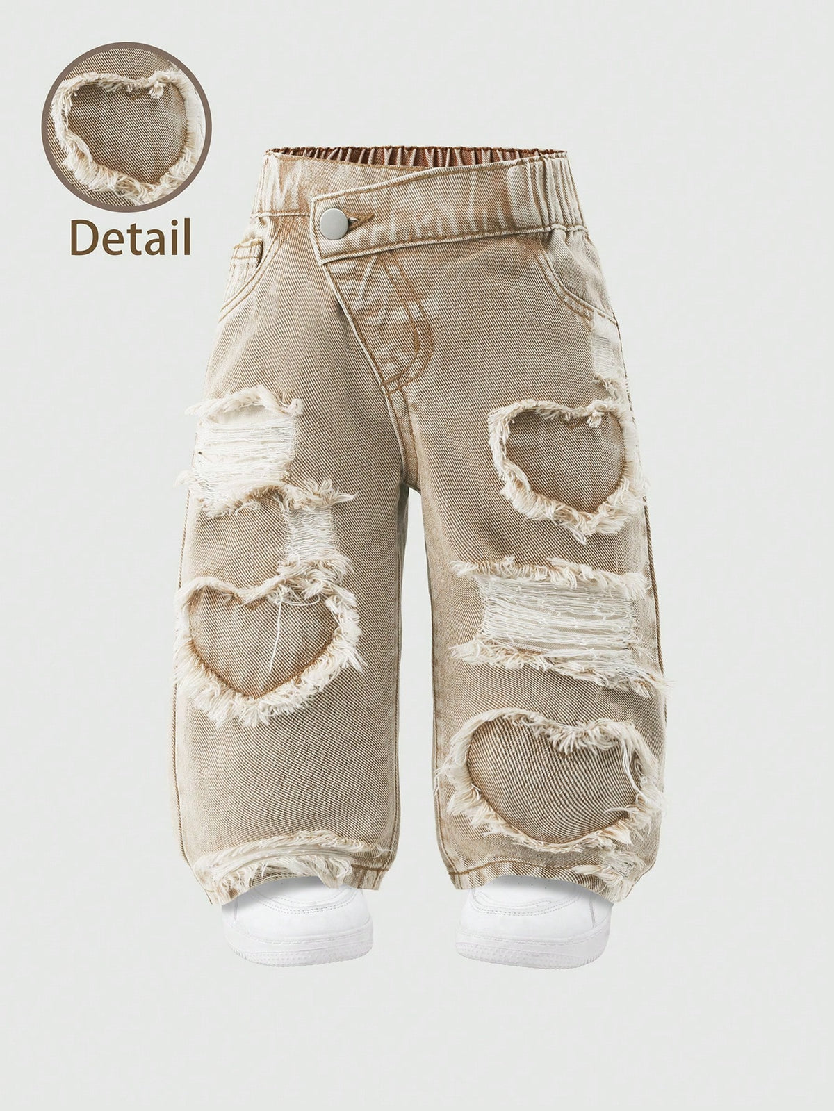 Baby Girls' Slant Waist Ripped Heart Jeans, Khaki, Summer, Soft Cotton Fabric, Back-To-School Career Day Tapered Pants, Light Wash Denim Graduation