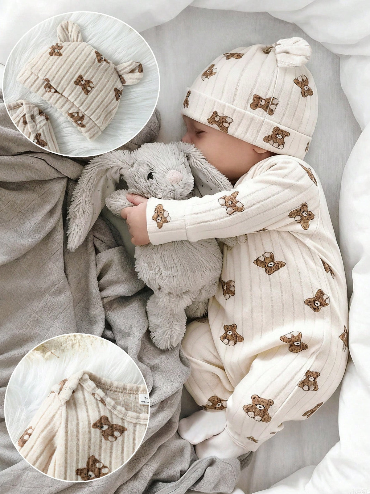 Baby Unisex Ribbed Long Sleeve Romper&3D Bear Ear Hat 2-Piece Set Infant Autumn Outfit All Shades Of Brown Autumn Cute Modest Family Matching Outfit