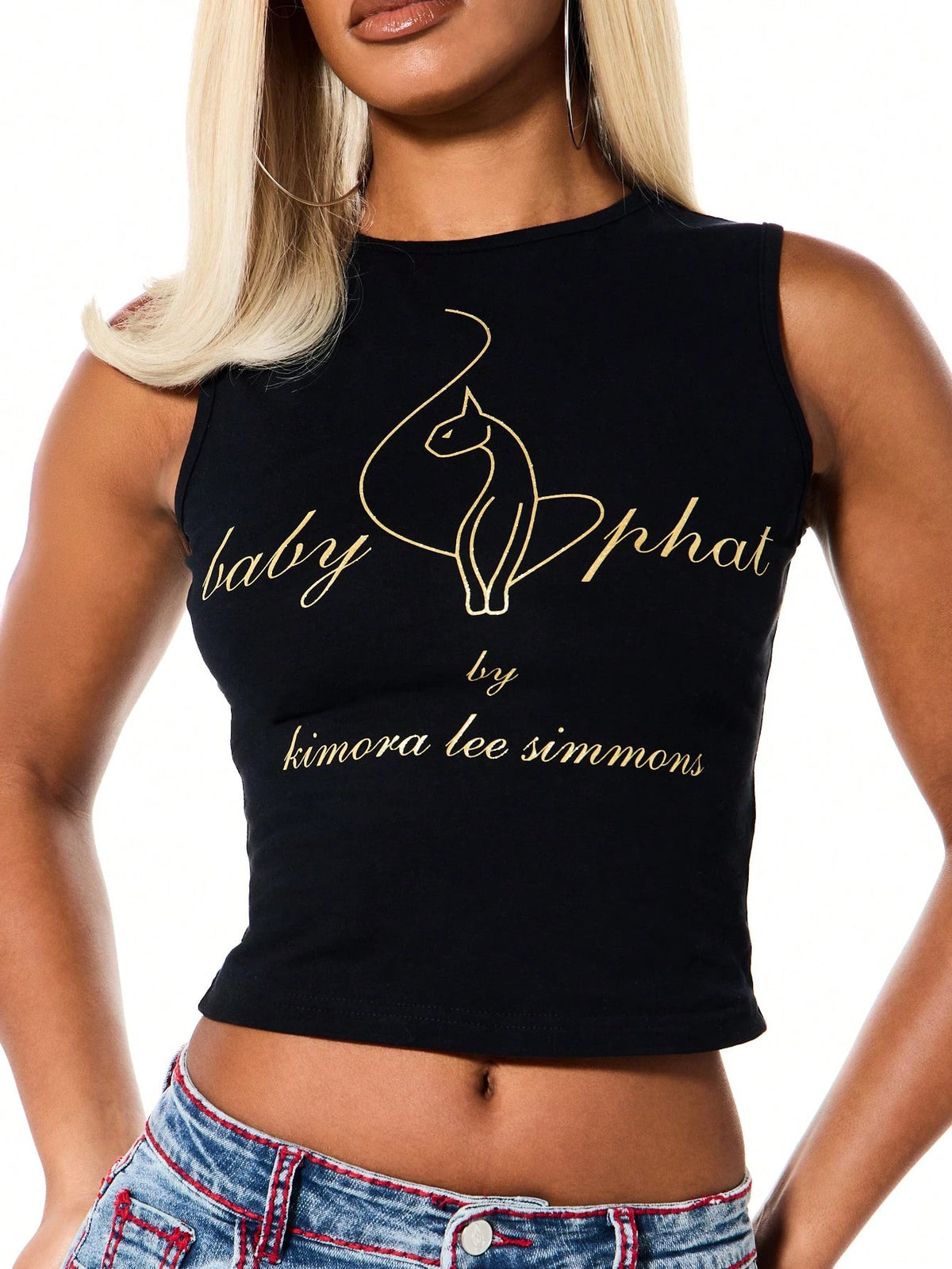 BABYPHAT Sleeveless Tank Top With Gold Glitter Cat Logo Print And Script Text Design