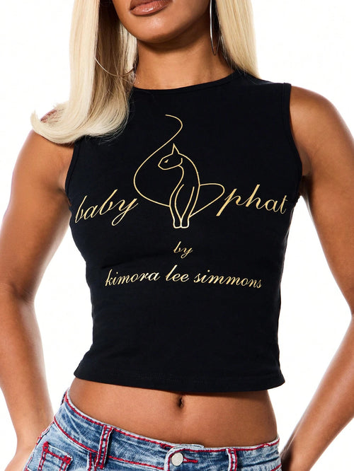 BABYPHAT Sleeveless Tank Top With Gold Glitter Cat Logo Print And Script Text Design