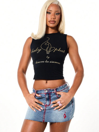 BABYPHAT Sleeveless Tank Top With Gold Glitter Cat Logo Print And Script Text Design