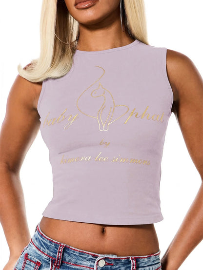 BABYPHAT Sleeveless Tank Top With Gold Glitter Cat Logo Print And Script Text Design
