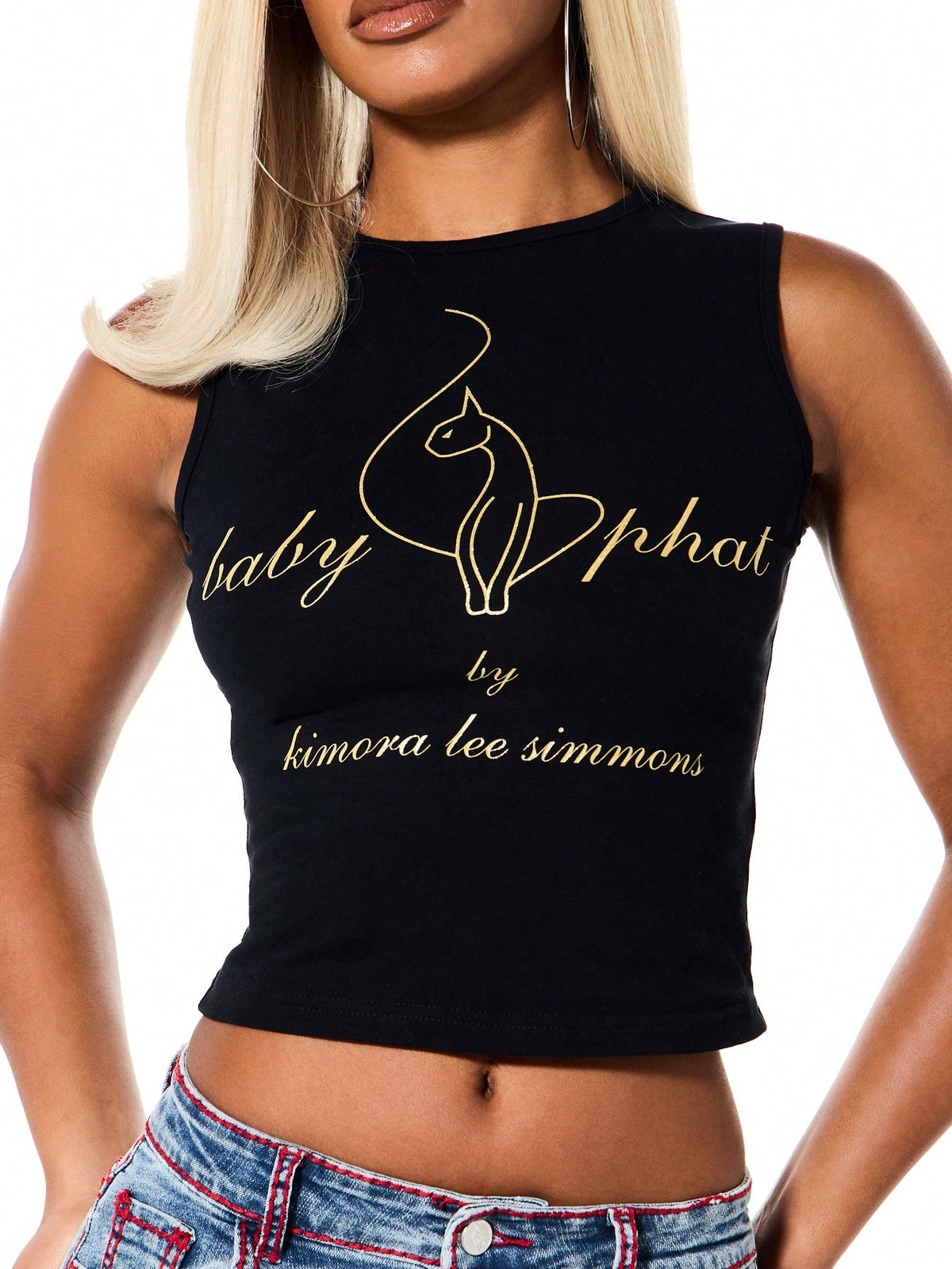BABYPHAT Sleeveless Tank Top With Gold Glitter Cat Logo Print And Script Text Design