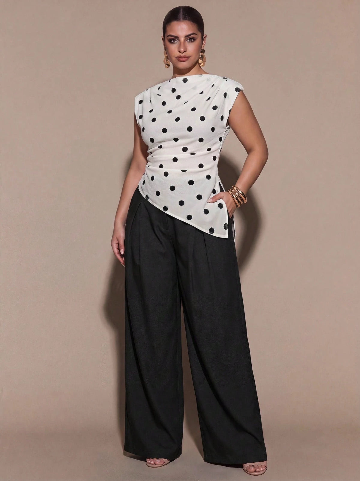 BAE CURVE Elegant 80s Black And White Polka Dots Summer Top Round Neck Padded Shoulder Sleeveless Asymmetrical Hem Pleated Shirt Party Birthday Dinner Wedding