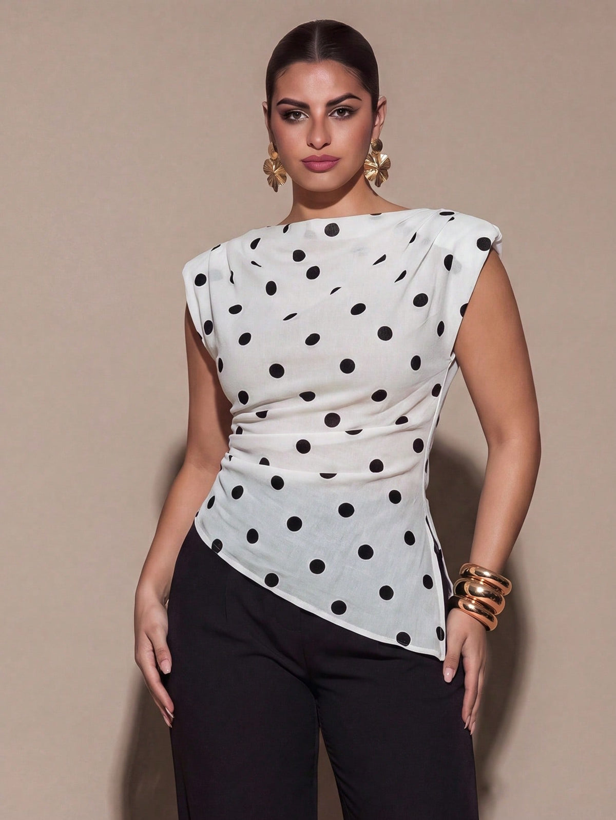 BAE CURVE Elegant 80s Black And White Polka Dots Summer Top Round Neck Padded Shoulder Sleeveless Asymmetrical Hem Pleated Shirt Party Birthday Dinner Wedding
