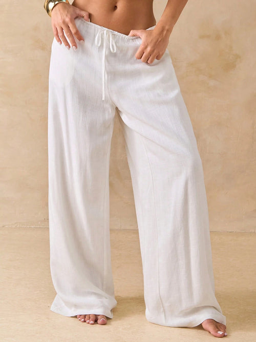 BAE Solid Low Waist White Linen Pants, Loose Fit Beach Trousers, Summer,Linen Pants
