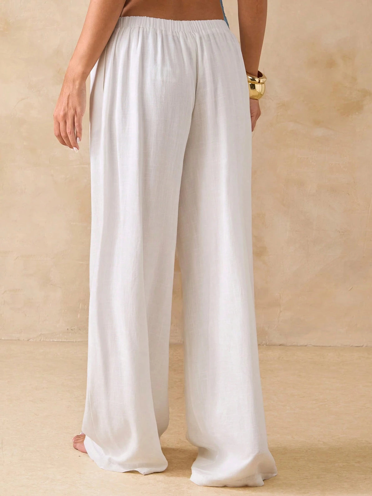 BAE Solid Low Waist White Linen Pants, Loose Fit Beach Trousers, Summer,Linen Pants