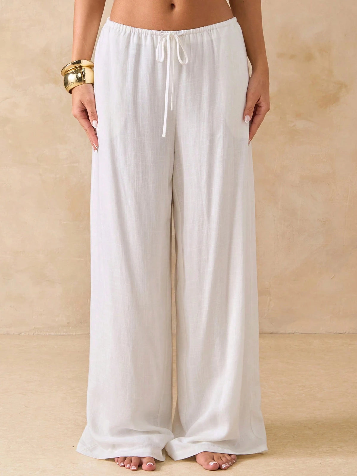 BAE Solid Low Waist White Linen Pants, Loose Fit Beach Trousers, Summer,Linen Pants