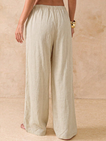 BAE Solid Low Waist White Linen Pants, Loose Fit Beach Trousers, Summer,Linen Pants