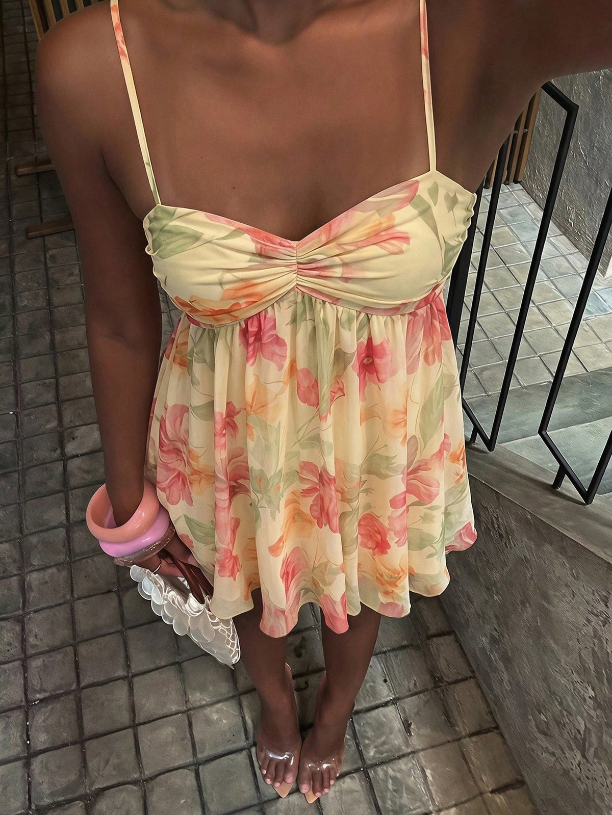 BAE Spring/Summer Solid Yellow Ditsy Floral Small Flower Print Sleeveless Cami Dress, Elegant Sweet Cute Mini Sun Dress, Mini Dress, Suitable For Romantic Dates, Parties, Formal Gatherings, Wedd